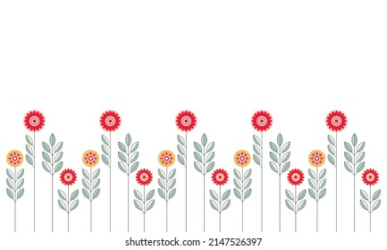 Flores geométricas simples de estilo étnico con hojas de contorno bordean aisladas en blanco. Ilustración vectorial de marco coloreado. Diseño floral para impresión, fondo, banner o tarjeta.