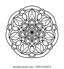 Ethnic style simple mandala design for coloring book, Flower Mandala, easy coloring pages, relaxing and simple mandala art for tattoo, white background  