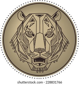 Ethnic style tiger's head vector drawing on the round background