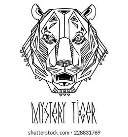 Ethnic style tiger's head vector drawing. Isolated outlines