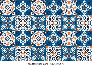 Ethnic style vector seamless pattern. Azulejos ceramic tile design. Talavera tracery motif. Portuguese, Spanish, Mexican, Brazilian folklore ornament.