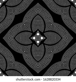Ethnic style vector seamless pattern. Greek key meanders ornate background. Floral vintage beautiful ornament with elegance abstract flowers, lines, shapes, mandalas. Repeat design. Endless texture.