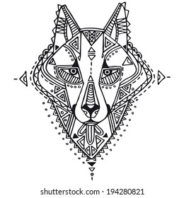 Ethnic style wolf vector drawing. Isolated outlines