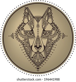 Ethnic style wolf's head vector drawing on the round background