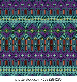 Ethnic styled handdrawn seamless pattern, border design, cold colored vector illustration, native ornament