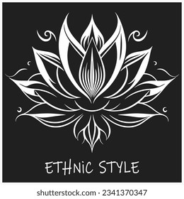 Patrón de flor de loto de estilo étnico, plantilla blanca negra, tatuaje, logo, esténcil sobre un fondo aislado negro. Símbolo nacional de la India.
