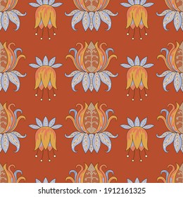 Ethnic Stylized Lotus Flowers in Orange Vector Seamless Pattern