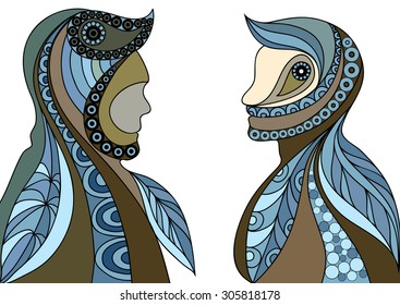 Ethnic stylized patterned profiles of men.  Floral design. Vector for print, web,  poster, t-shirt.