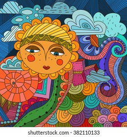 Ethnic sun. Abstract, decorative, bright picture. Vector illustration.