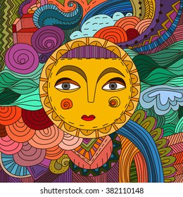 Ethnic sun. Abstract, decorative, bright picture. Vector illustration.