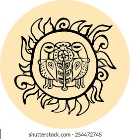 Ethnic sun with birds totem hand drawn sketch decorative element isolated. Vector illustration