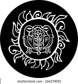 Ethnic sun with birds totem hand drawn sketch decorative element isolated. Vector illustration. Black and white style