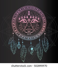 Ethnic sun face in the dreamcatcher with feathers on the sacred geometry background. Boho style. Hand drawn. Vector illustration.