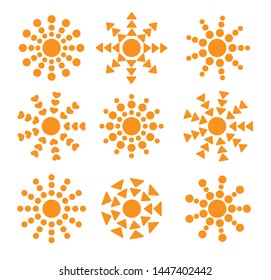 Ethnic sun icons with rays from circles, triangles. Summer symbols. Flat sunlight signs. Vector illustration. Isolated objects on white background