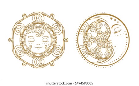 Ethnic sun and moon symbols. Temporary tattoo set.