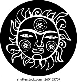 Ethnic sun totem hand drawn sketch decorative element isolated. Black and white style.  Vector tattoo illustration