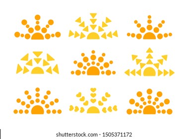 Ethnic sunrise & sunset symbol collection. Flat icon set. Morning, evening sunlight signs. Isolated objects on white background. Vector illustration
