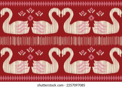 Ethnic swan crimson ikat fabric pattern geometric style.African Ikat embroidery swan Ethnic oriental red background. Abstract,vector,illustration.use in texture,clothing,wrapping,decoration,carpet.