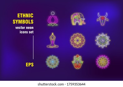 Ethnic symbol neon signs collection. Illuminated floral patterns, animal and lotus. Vector illustrations for bright billboards. Tradition and lifestyle concept