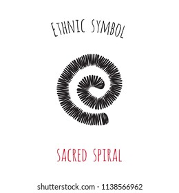 Ethnic symbol: sacred spiral. Hand drawn aztec shapes in ethno boho style. Minimalist black graphic on white background. Vector art.
