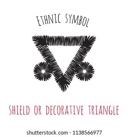 Ethnic symbol: shield or decorative triangle. Hand drawn aztec shapes in ethno boho style. Minimalist black graphic on white background. Vector art.