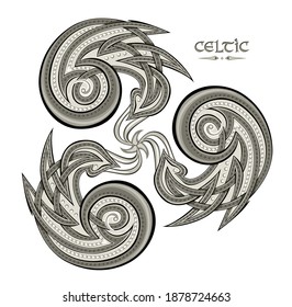 Ethnic symbol of triple spiral. Fantasy ornament of ancient Nordic sign. Round disk with Celtic knots. Print for logo, icon, fabric, tattoo, embroidery, decoration. Folk geometric circle ornament.