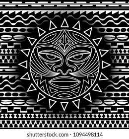 Ethnic symbol-mask of the Maori people - Tiki on seamless pattern. Thunder-like is symbol of God. Sacrad tribal sign in the Polenesian style for application of Tattoos and Moko.