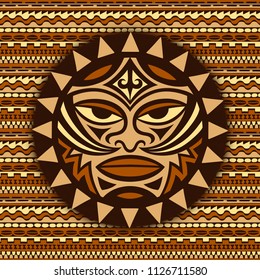 Ethnic Symbol-mask Of The Maori People - Tiki On Seamless Pattern. Thunder-like Is Symbol Of God. Sacrad Tribal Sign In The Polenesian Style For Application Of Tattoos And Moko.