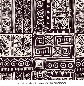 Ethnic symbols, ancient tribal, seamless pattern. Aztec, Mexican, Maya ornaments, seamless background design. Abstract Inca, Peruvian decoration. Hand drawn vector mayan seamless pattern.