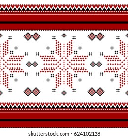 Ethnic symbols from Balkans seamless pattern. Red flower on white vector background.