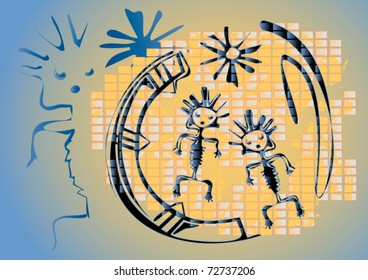 Ethnic symbols drawn on a wall in style of graffiti. Vector illustration