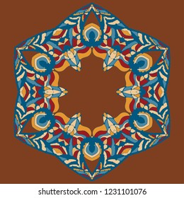 Ethnic symmetrical seamless pattern in multi Color. Abstract ornamental backdrop with empty place for text in the center of ornamental arabian style flower design motif.