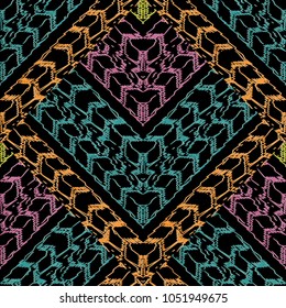 Ethnic tapestry seamless pattern. Grunge vector tribal background with embroidery effects. Hatching geometric ornament with colorful stripes, lines, zigzag, shapes. Tribe embroidered texture