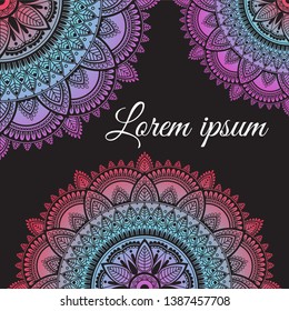Ethnic template with colorful rainbow mandala and text place on black background. Circular decorative pattern.
