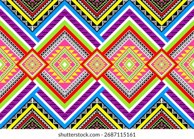 Patrón sin costuras geométrico de la materia textil étnica - Tejido tribal multicolor brillante del diamante inspirado en arte azteca y étnico para la moda vibrante, impresión de la tela, y diseño del Fondo de pantalla