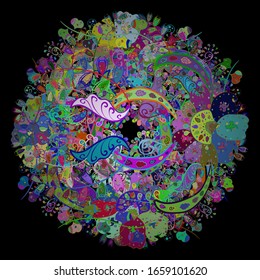 Ethnic texture. Arabic Mandala pattern on blue, black and green colors. Orient, symmetry lace, fabric. Colored. Vintage vector decorative ornament. East, Islam, Indian, motifs. Wedding, holiday card.