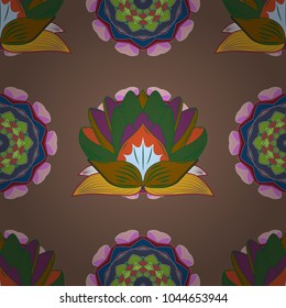 Ethnic texture. Vector East, Islam, Indian, motif. Vintage decorative ornament on brown, green and blue colors. Lotus. Colored mandala pattern. Orient, symmetry lace, fabric, wallpaper.