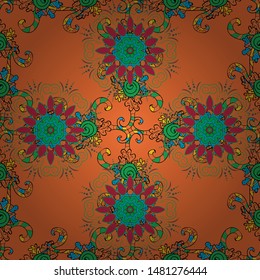 Ethnic texture. Vintage decorative ornament on black, green and orange colors. Colored mandala pattern, Arabic background. Orient, symmetry lace. Vector East, Islam, Indian, motif, revival swirling.