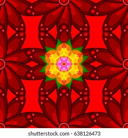 Ethnic texture. Vintage vector decorative ornament. Arabic Mandala pattern on red background. Wedding, holiday card. Colored. East, Islam, Indian, motifs. Orient, symmetry lace, fabric.