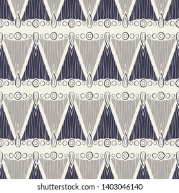 Ethnic textured seamless geometric pattern with bark texture and hand drawn symbols. Dark inky blue with gray / grey and ivory. Great for textiles, home decor, fashion, graphic design and stationery.
