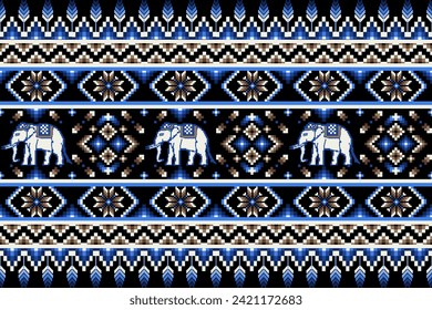 Ethnic Thai Elephant with Blue Tone Seamless Pattern on Black Background.  Pixel art vector design for fabric, carpet, tile, wrapping, embroidery, wallpaper, and background 