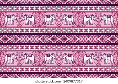 Ethnic Thai Elephant Pixel Art Seamless Pattern on Pink Background.  Vector design for fabric, clothing, embroidery, carpet, wallpaper, and background