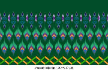 Ethnic Thai silk fabric with a green abstract pattern on a background. Designed for weaving or printing on fabric, wallpaper, curtains.