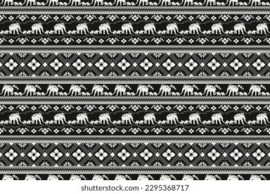 Ethnic Thai white elephants family pattern.  Seamless pattern vector Design for fabric, carpet, embroidery, tile, background and wallpaper