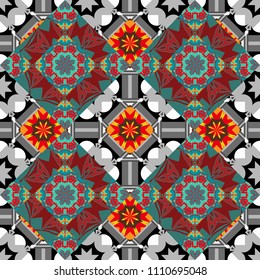 Ethnic theme. Hand drawn seamless pattern. Zigzag and stripe line, rhombus and tiles. Vector tribal design in blue, red and gray colors. For textile, wallpaper, wrapping paper.
