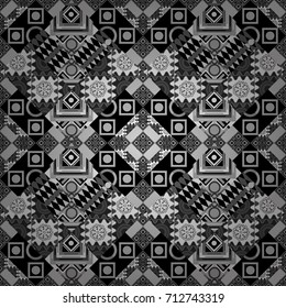 Ethnic theme. Hand drawn seamless pattern. Vector tribal design in gray, white and black colors. For textile, wallpaper, wrapping paper. Zigzag and stripe line, rhombus and tiles.