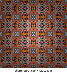 Ethnic theme. Hand drawn seamless pattern. Vector tribal design in pink, orange and green colors. For textile, wallpaper, wrapping paper. Zigzag and stripe line, rhombus and tiles.
