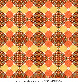 Ethnic theme. For textile, wallpaper, wrapping paper. Vector tribal design in orange, yellow and white colors. Zigzag and stripe line, rhombus and tiles. Hand drawn seamless pattern.