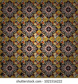 Ethnic theme. For textile, wallpaper, wrapping paper. Vector tribal design in yellow, black and white colors. Zigzag and stripe line, rhombus and tiles. Hand drawn seamless pattern.