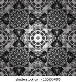 Ethnic theme. For textile, wallpaper, wrapping paper. Hand drawn seamless pattern. Vector tribal design in gray, black and white colors. Zigzag and stripe line, rhombus and tiles.